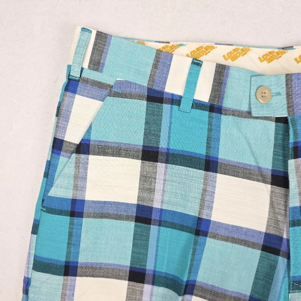 Loudmouth Men's Golf Shorts Sz 34 Plaid Blue Teal‎ Black 100% Cotton Preppy Bold